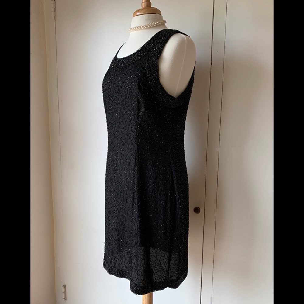 Laurence Kazar black silk beaded cocktail dress XL